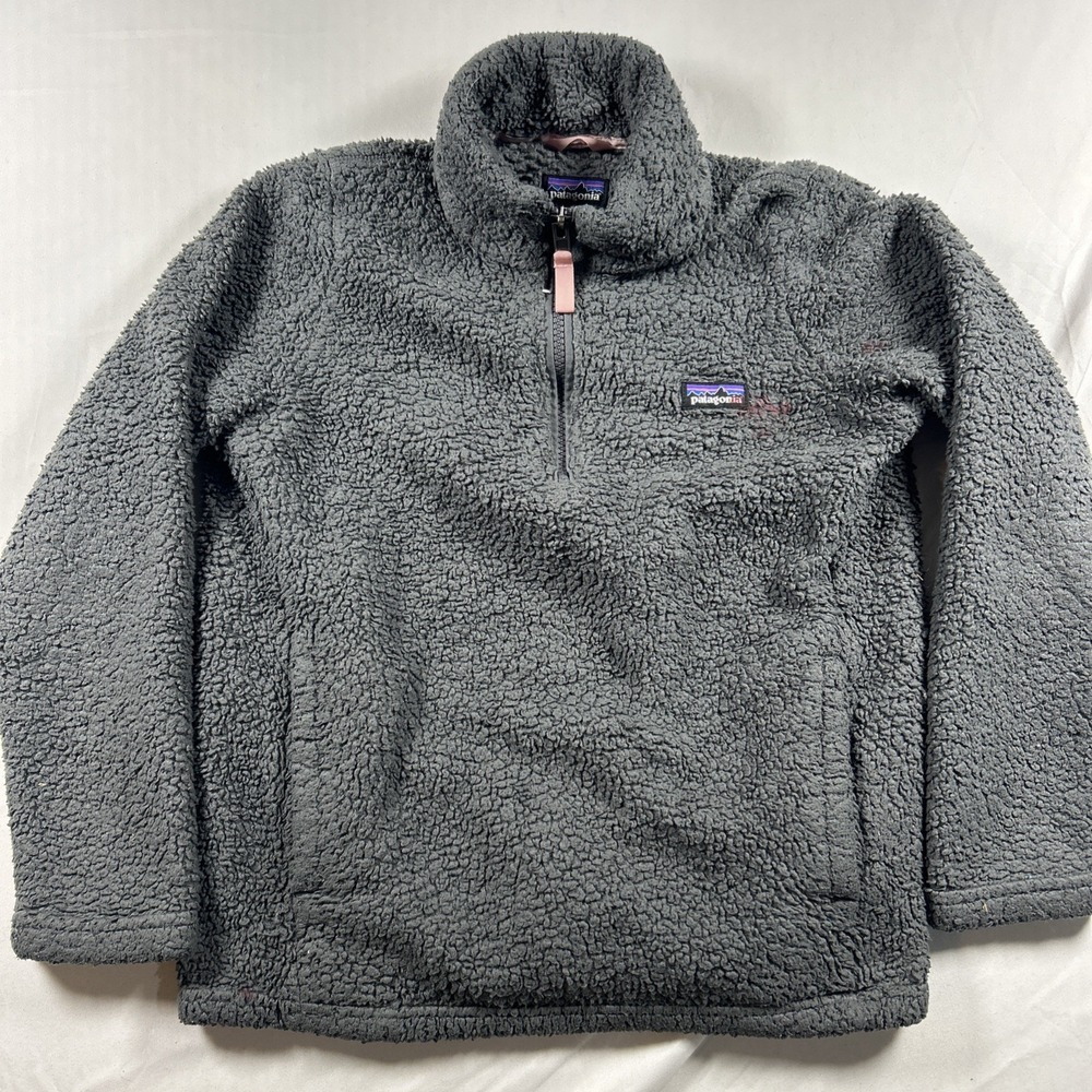 Patagonia Los Gatos 1/4 Zip Fleece Pullover Girls M (10) Gray Sherpa Flaws
